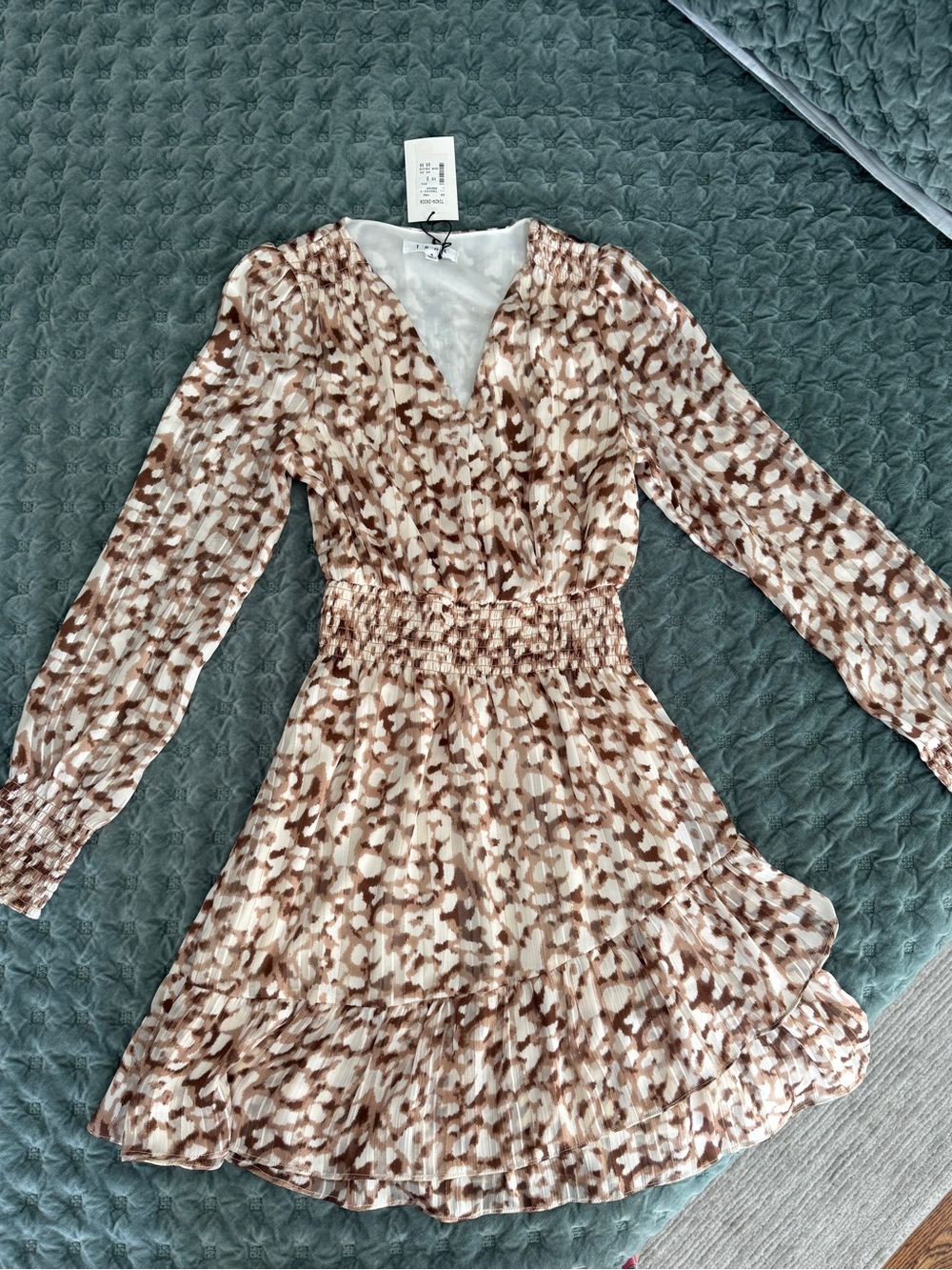 THML Brown Cream Animal Print Smocked Waist Mini Dress Size S NWT - Picture 2 of 6